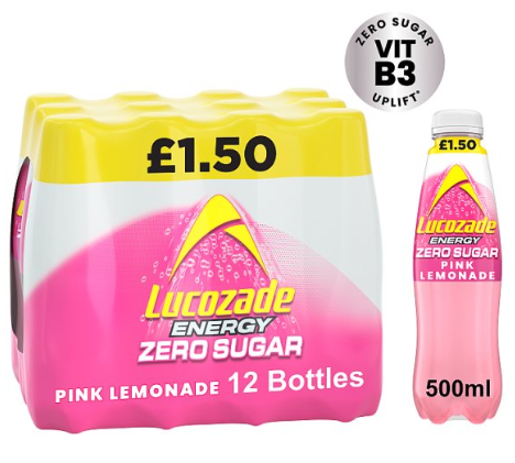 Lucozade Zero Sugar Drink Pink Lemonade 500ml x 12