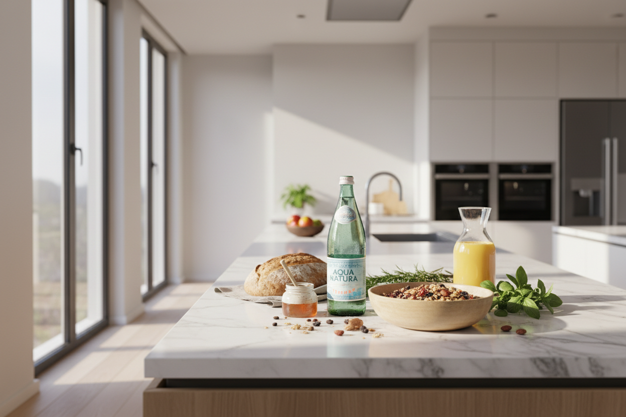 High-resolution lifestyle photography of a modern, bright kitchen. On a white marble countertop sits a refreshing bottle of mineral water with condensation, a wooden bowl of healthy snacks, and premium grocery staples. Soft natural sunlight, minimalist aesthetic, 16:9 aspect ratio.